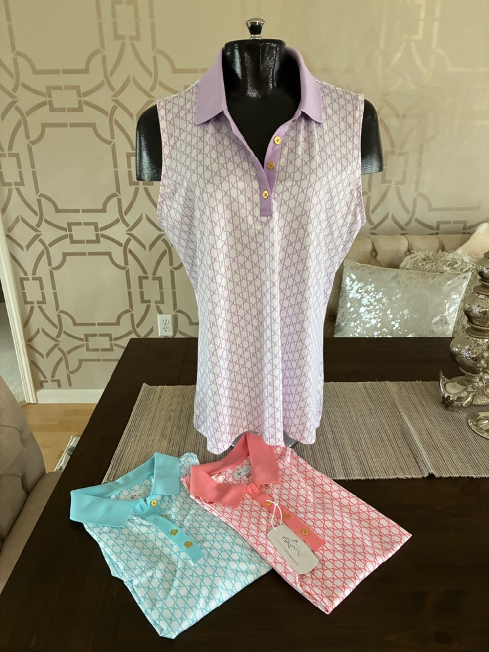 Greg Norman Sleeveless Golf Shirts (3) with Geometric Print
